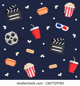 Movie time pattern. Popcorn, soda, clapper board, filmstrip, tickets, hot dogs and 3D glasses.