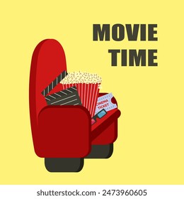 Movie time. Popcorn, 3D glasses, clapperboard, movie ticket, seat. Vector illustration