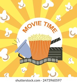 Movie time. Popcorn, megaphone, clapperboard and film reel. Vector illustration