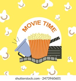 Movie time. Popcorn, megaphone, clapperboard and film reel. Vector illustration