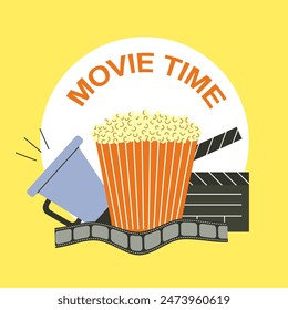 Movie time. Popcorn, megaphone, clapperboard and film reel. Vector illustration