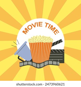 Movie time. Popcorn, megaphone, clapperboard and film reel. Vector illustration