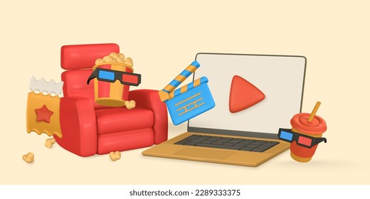 Movie time poster. Banner with laptop, bucket of popcorn, armchair,  ticket, 3d glasses and paper cup. Vector illustration.