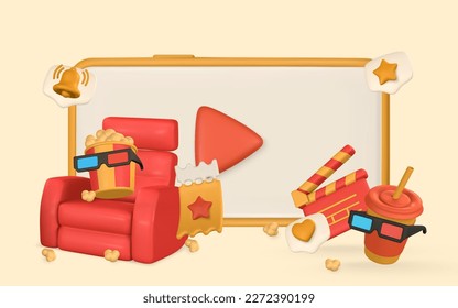 Movie time poster. Banner with phone, clapperboard, bucket of popcorn, armchair,  ticket, 3d glasses and paper cup. Vector illustration.