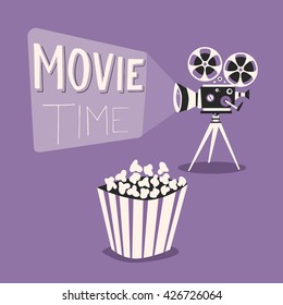 Movie time poster. Cartoon vector illustration. Film projector and popcorn