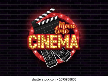 Movie time poster. Cinema banner with clapboard and tickets. Vector illustration.