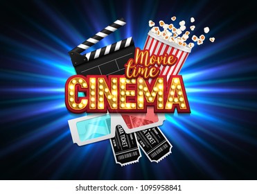 Movie time poster. Cinema banner with clapboard, tickets, popcorn and 3d glasses. Vector illustration.