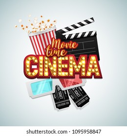 Movie time poster. Cinema banner with clapboard, tickets, popcorn and 3d glasses. Vector illustration.