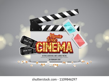 Movie time poster. Cinema banner with clapboard, tickets, popcorn and 3d glasses. Vector illustration.