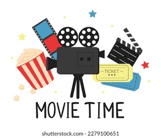 Movie time poster design template. Popcorn, filmstrip, clapper, tickets. Movie time background banner. Vector illustration