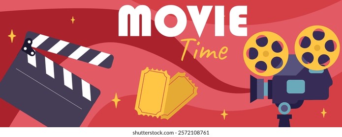 Movie time poster. Filmmaking and film industry, cinematography. Cinema and series. Clapperboard, golden tickets and camera. Fun and entertainment. Flat vector illustration