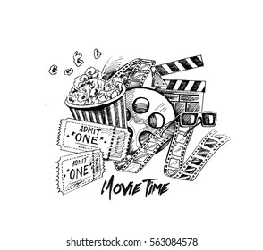 Movie time poster, Hand Drawn Sketch Vector illustration.