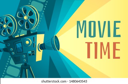 Movie time poster. Vintage cinema film projector, home movie theater and retro camera. Cinematography entertainment equipment, movies production festival banner vector illustration