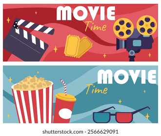 Movie time posters set. Cinema, movie and series. Filmmaking and film industry. Pop corn, soda and 3d glasses. Camera and clapperboard. Flat vector collection isolated on white background