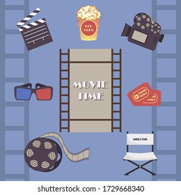 Movie time set. Camera and film icons vector illustration