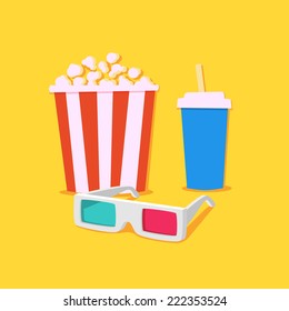 Movie time. Movie showing with Popcorn and drinks. 3D Stereo Glasses