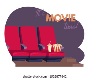 Its movie time vector banner template. Empty cinema chairs with drink and popcorn vector illustration with typography. Leisure isolated on white background. Evening entertainment concept