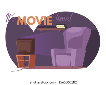 Its movie time vector banner template. Empty room with tv vector illustration with typography. Home leisure isolated on white background. Living room interior design. Evening entertainment concept