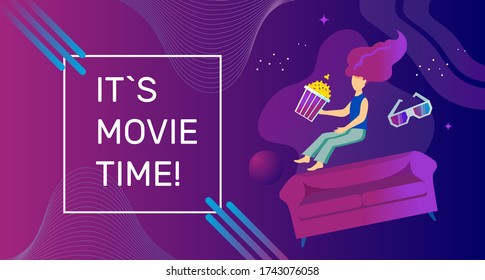 Movie time vector banner template. The girl flew up from the sofa with popcorn and 3D glasses on a purple background