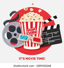 Movie time vector illustration  Cinema poster concept red round background  Composition and popcorn  clapperboard  3d glasses   filmstrip  Cinema banner design for movie theater 