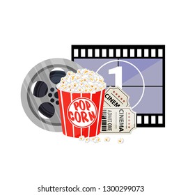 Movie time vector illustration. Cinema poster concept. Composition with popcorn, clapperboard, 3d glasses and a film, popkorm. Cinema banner design for movie theater.