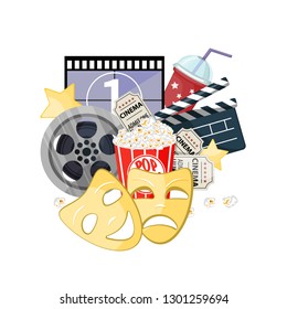 Movie time vector illustration. Cinema poster concept on red round background. Composition with popcorn, clapperboard, 3d glasses and a film, popcorn. Cinema banner design for movie theater.