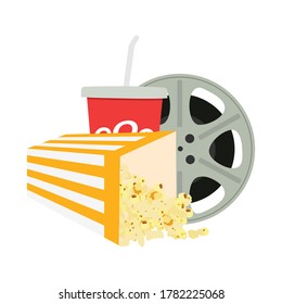 Movie time vector illustration. Cinema poster concept background. Composition with popcorn, drink and filmstrip. Cinema banner design for movie theater.