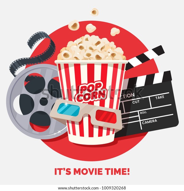 Movie
time vector illustration. Cinema poster concept on red round
background. Composition with popcorn, clapperboard, 3d glasses and
filmstrip. Cinema banner design for movie
theater.