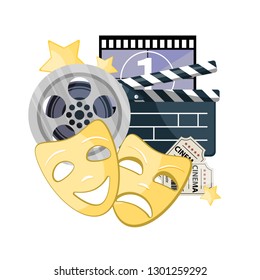 Movie time vector illustration. Composition with a clapperboard, 3d glasses and film, masks. Cinema banner design for movie theater.