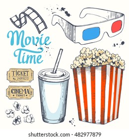 Movie time vector illustration with sketch popcorn bucket, glass of drink, tickets, 3D glasses. Sketch design. Cinema snack. Hand drawn fast food.