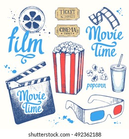 Movie time vector illustration with sketch popcorn bucket, clapperboard, glass of drink, tickets, 3D glasses. Sketch design. Cinema snack. Hand drawn fast food.