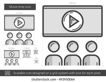 Icono de línea vectorial de tiempo de película aislado en fondo blanco. Icono de línea de tiempo de película para infografía, sitio web o aplicación. Icono escalable diseñado en un sistema de cuadrícula.