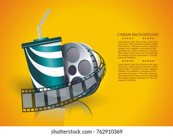 Movie time  vector poster design template. Filmstrip and disposable cup.Cinema Concept Design. Detailed vector illustration. 