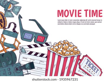 Movie Time web banner or poster template hand drawn sketch vector illustration.