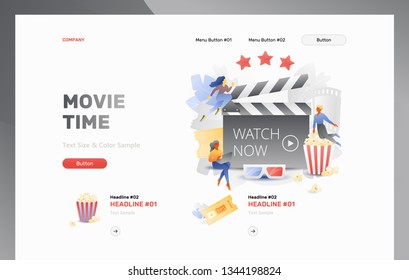 Movie Time web header template with tiny cinema viewers around board clapper. Movie entertainment concept. Vector metaphor in modern flat gradient style.