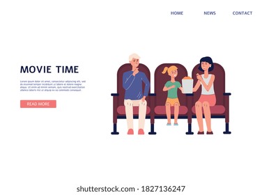 Movie time website header banner template with cartoon people watching movie. Landing page mockup for cinema theater and home cinema site, flat vector illustration.