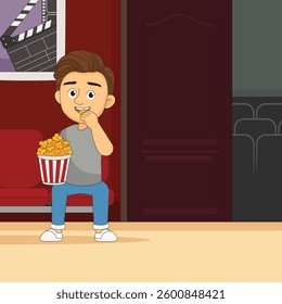 Movie time. Young man at the cinema with popcorn