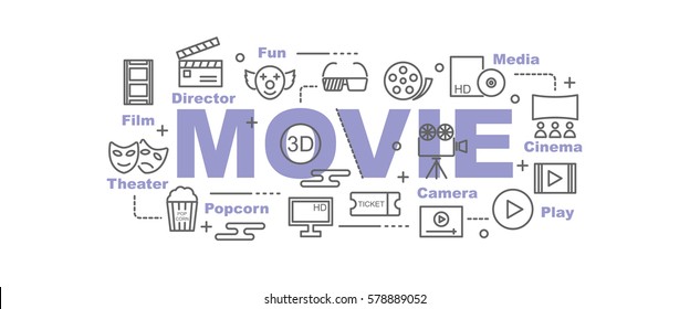 movie vector banner design concept, flat style with thin line art icons on white background

