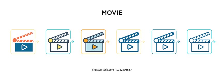 Movie vector icon in 6 different modern styles. Black, two colored movie icons designed in filled, outline, line and stroke style. Vector illustration can be used for web, mobile, ui