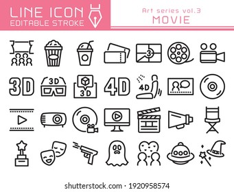 Movie vector icon set.  Editable line stroke.