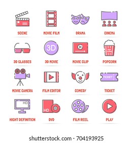 movie vector line icons with flat colors, minimal pictogram design, editable stroke for any resolution