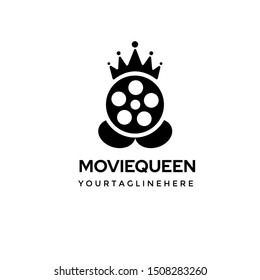 Movie Video Cinema Cinematography Film Production Logo Design Vector with Crown Queen/King In Isolated White Background