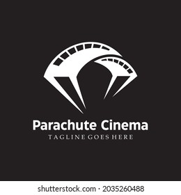 Logo De Producción Cinematográfica Cinematográfica De Vídeo Cinematográfico Con Ilustración De Paracaídas De Fondo Blanco Aislado. Diseño del logotipo del cine Parapente