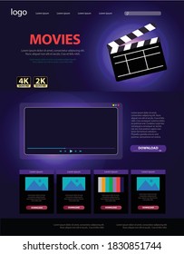 movie, video content, online platform landing page design, webpage vector illustration, clapperboard on ultraviolet background