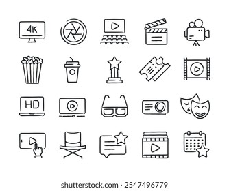 Movie video hand drawn doodle sketch style line icons