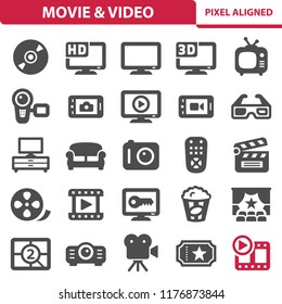 Movie & Video Icons. Professional, pixel perfect icons, EPS 10 format.