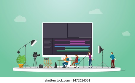 Movie Or Video Production Concept With Team Video Editor With Some Tools To Edit Videos With Modern Flat Style - Vector