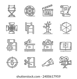 Iconos de producción de vídeo de películas, medios de cine y un pictograma de línea vectorial de estudio de televisión. Cámara de cine con clapperboard y tira de película, presidente director e iconos de la industria cinematográfica de vídeo en línea delgada