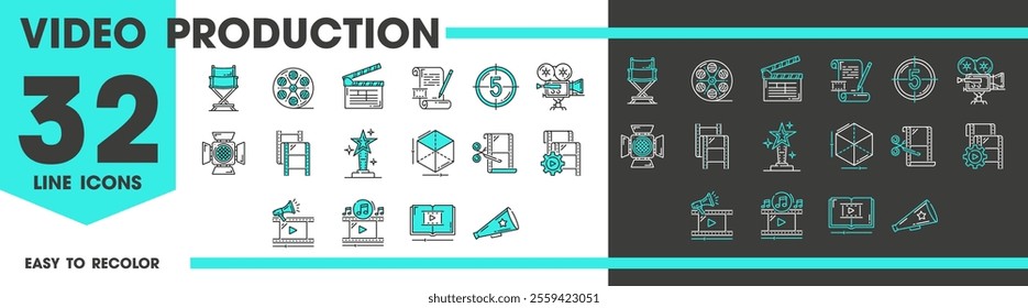 Movie and video production line icons of cinema entertainment media, vector pictograms. Cinematography television and video production icons of film camera, director chair and clapperboard or TV award