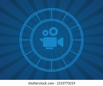 movie video sun beam abstract background with round film reel frame and camera icon